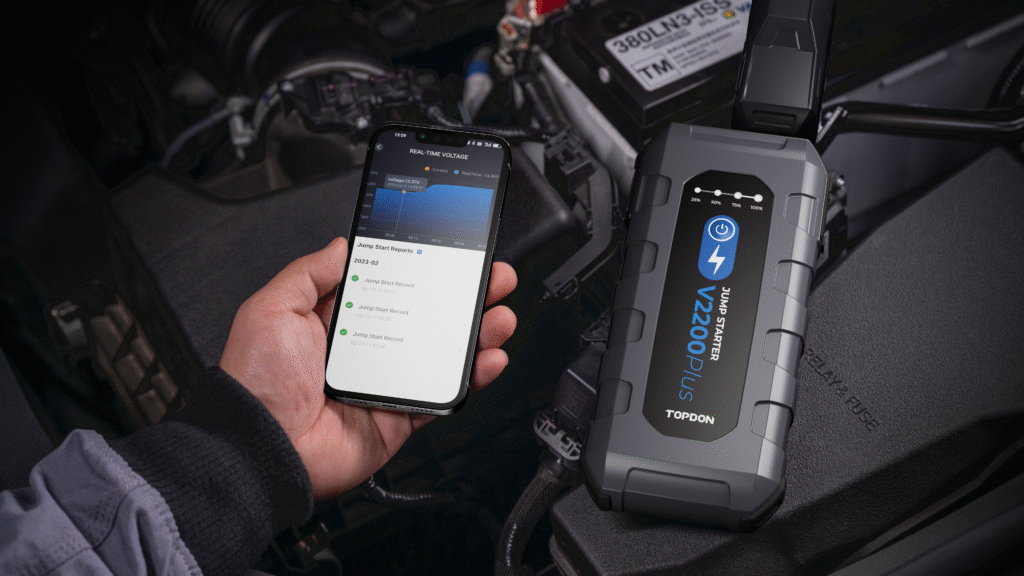 Topdon V2200 Plus battery jump starter kit with built-in car battery tester, ideal car jumper and jump machine for emergencies – available at Automax Tools.