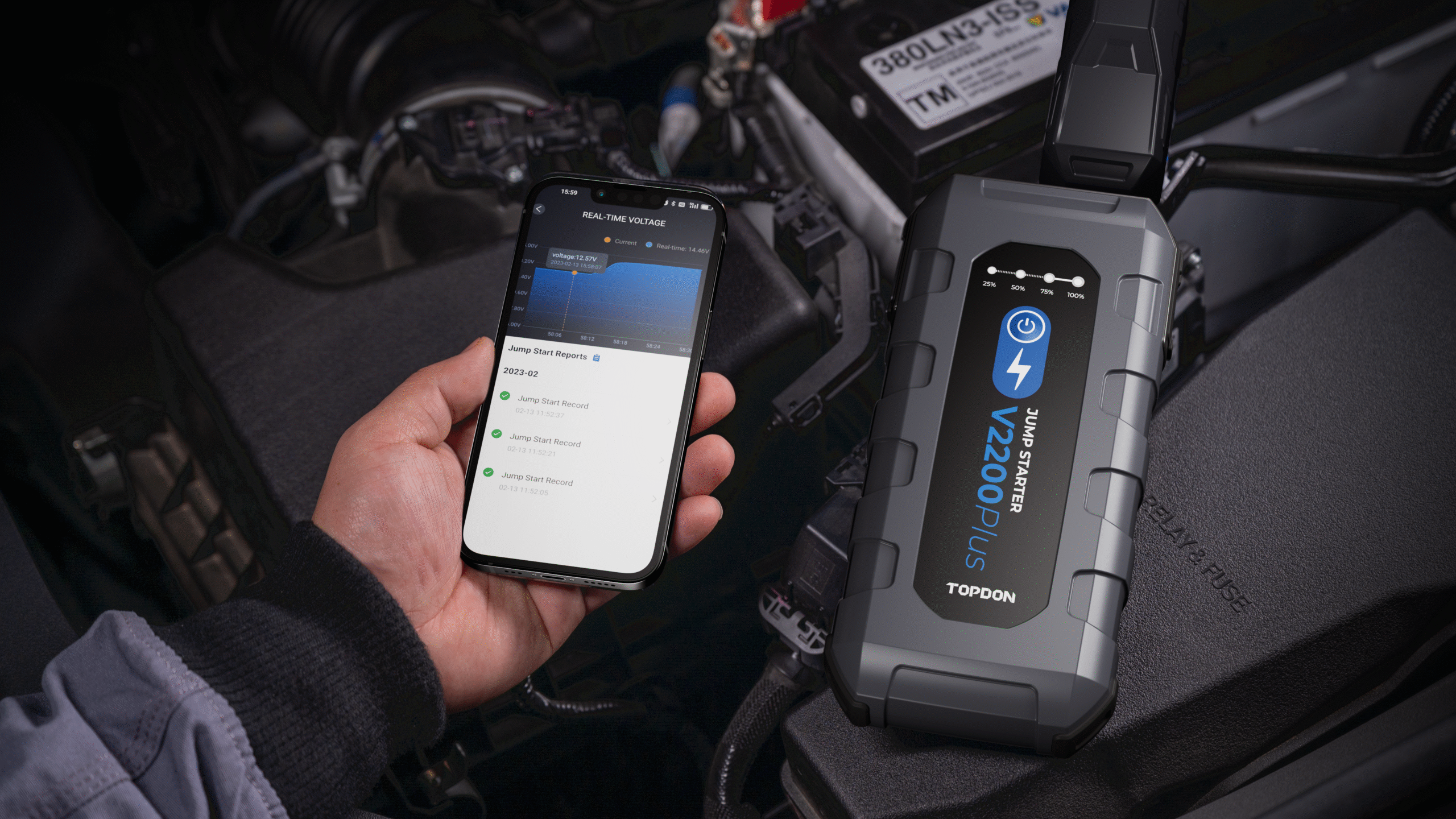 Topdon V2200 Plus battery jump starter kit with built-in car battery tester, ideal car jumper and jump machine for emergencies – available at Automax Tools.