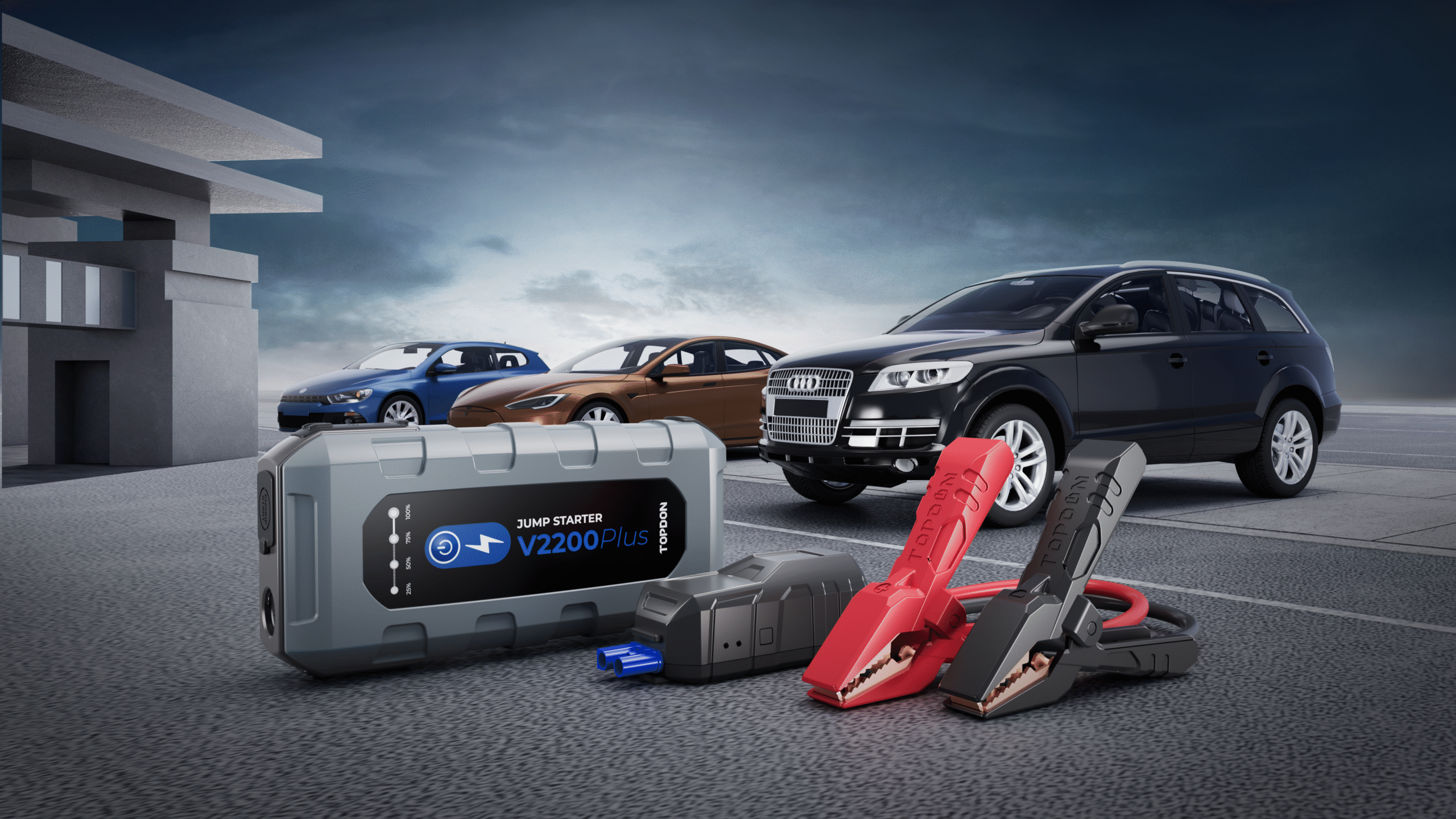 Topdon V2200 Plus portable car jump starter in use during emergency situation
