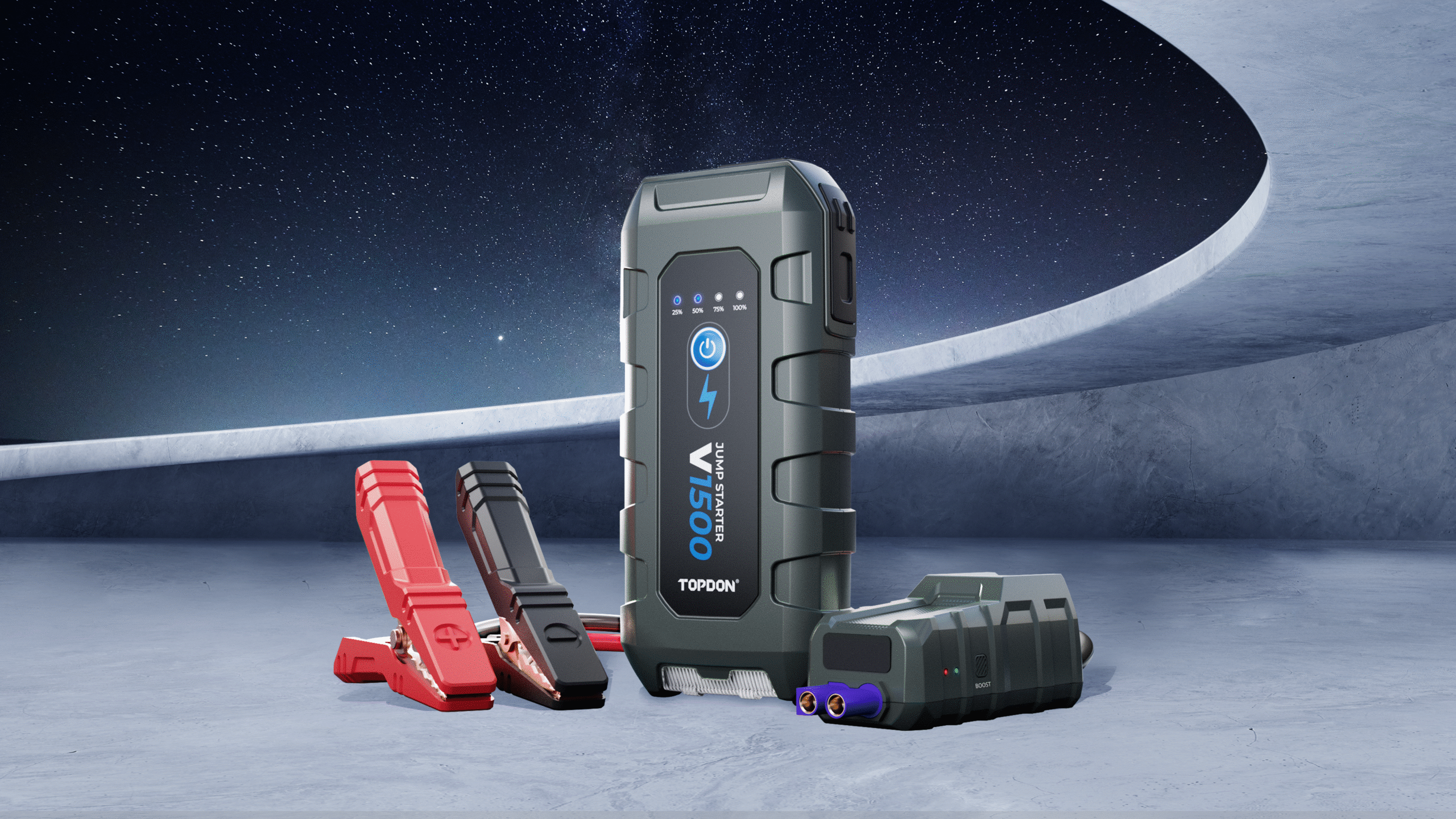 Compact car battery jump starter for travel and emergency use