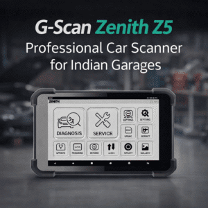 G-Scan Zenith Z5 professional car scanner performing live diagnostics in an Indian garage